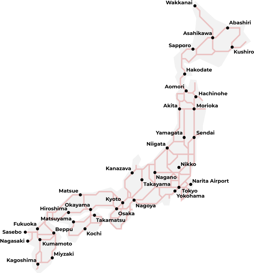 A Japan Rail (JR) vasúthálózatát és a vonatok útvonalait bemutató térkép Japánban.