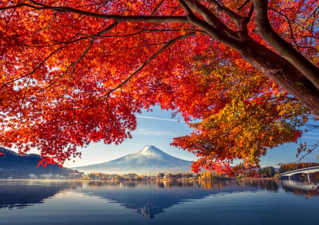 A Fuji-hegy és a Kawaguchi-tó őszi lombok mögött, Japán