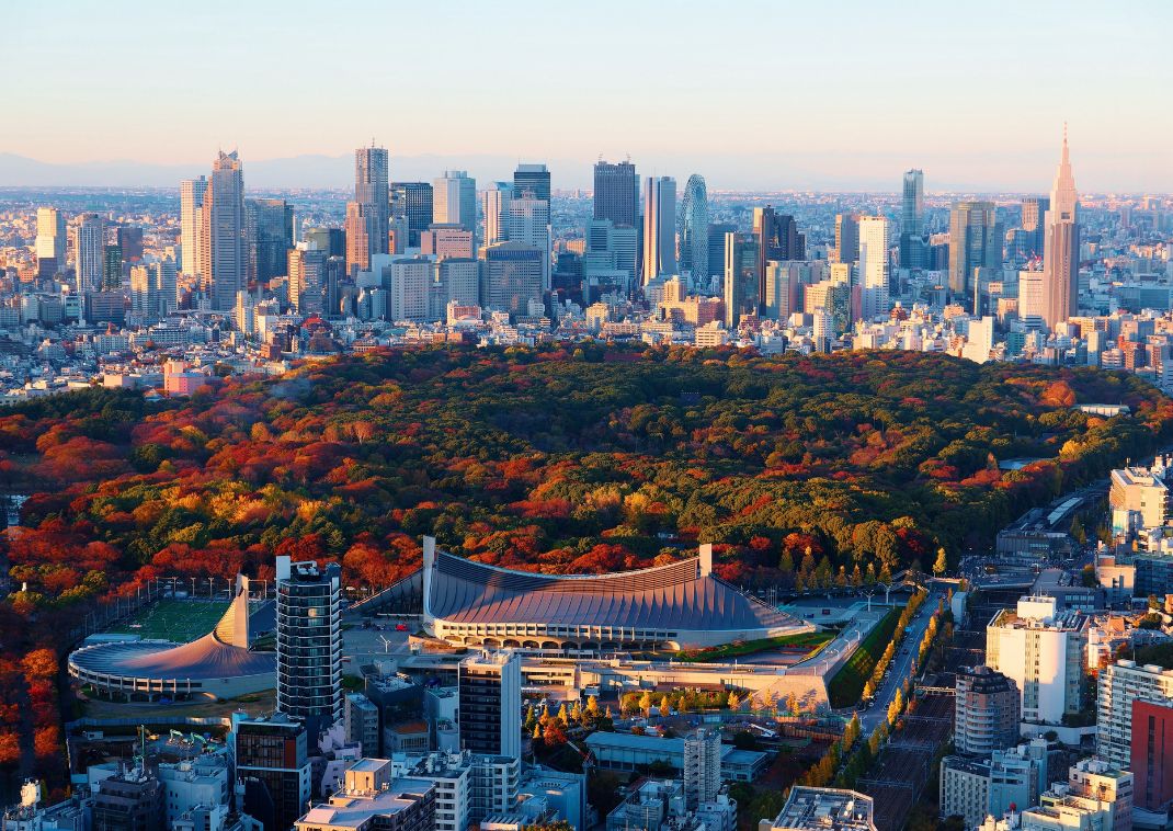 Őszi színekben pompázó park Tokió közepén, Japán