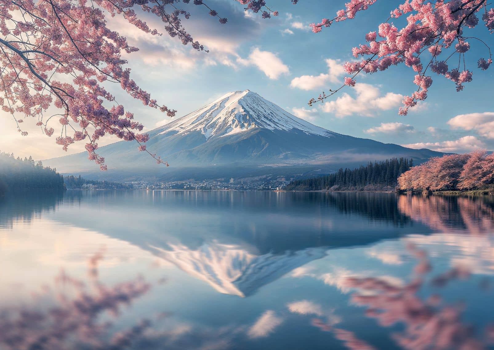 Fuji-hegy cseresznyevirágzással tavasszal, Japán