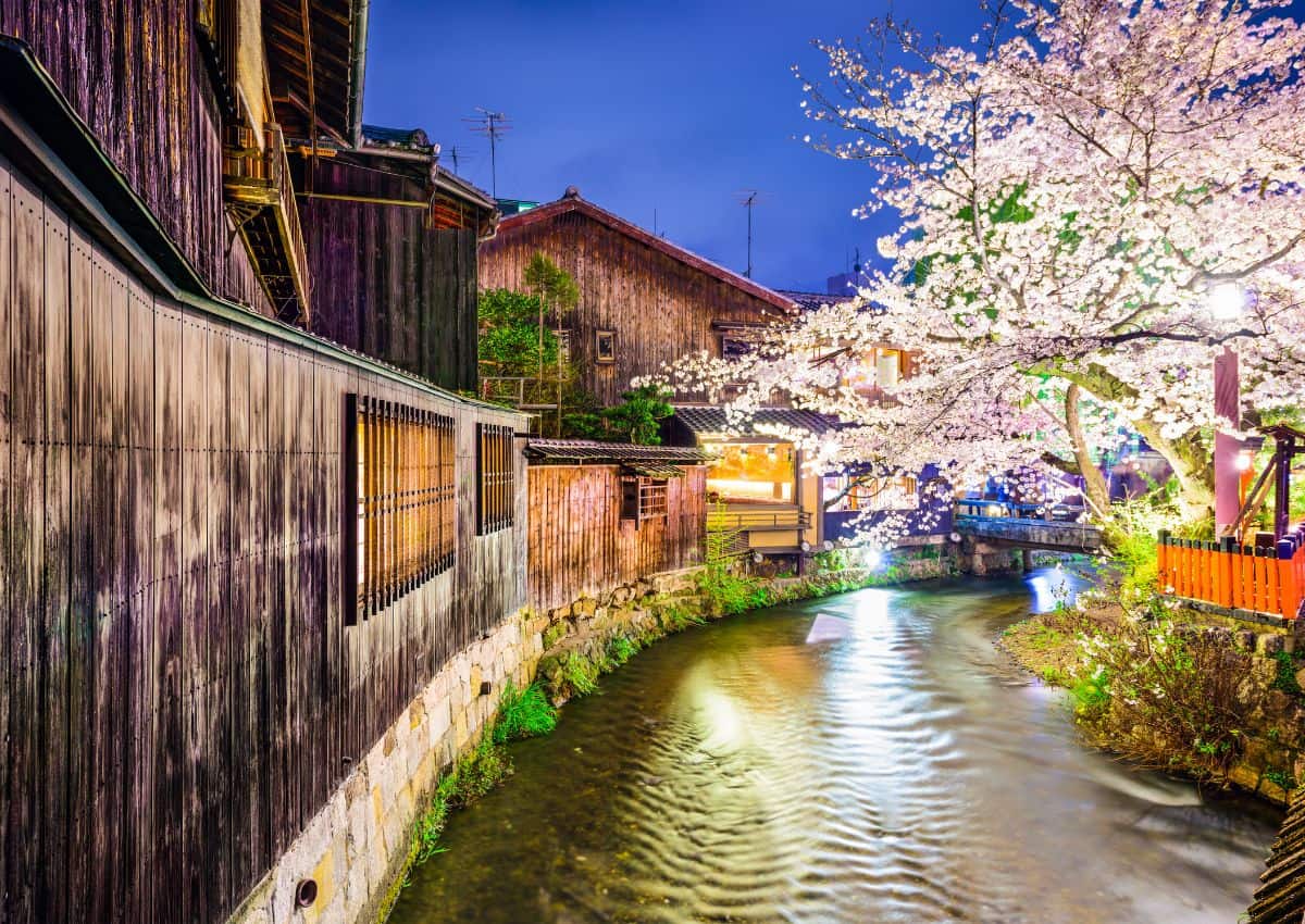 Kiotó, Japán – a Shirakawa folyónál, a Gion negyedben