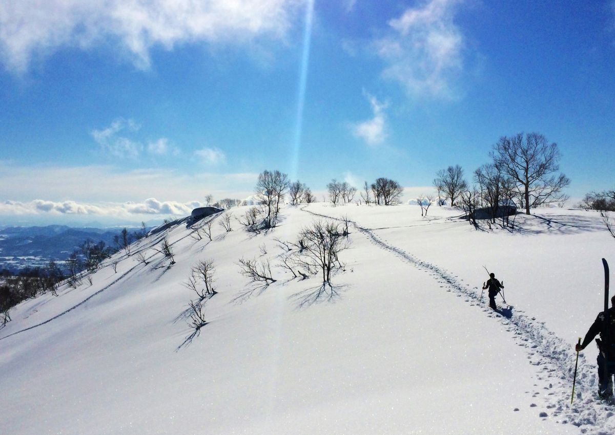 Free-ride síelők a hegyen, Niseko, Hokkaido