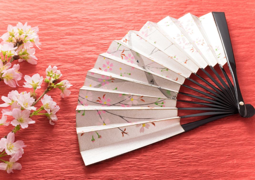 Japán cseresznyevirág és virágmintás legyező piros háttér előtt