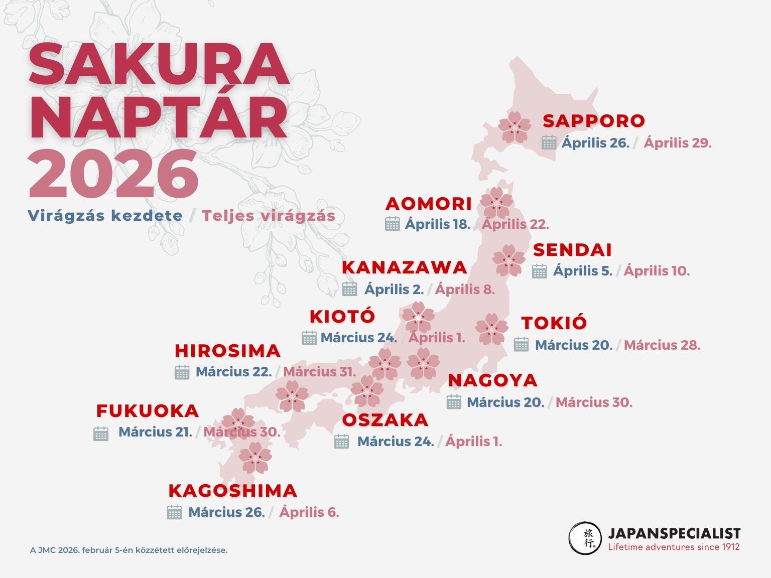 Japán cseresznyevirág-előrejelzés 2026
