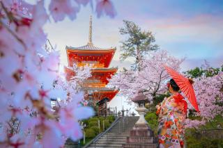 A kiotói Kiyomizudera templom cseresznyevirágzáskor, Japán