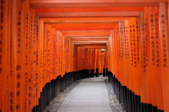 A Fushimi Inari szentély torii kapuinak hosszú sora, Kiotó 