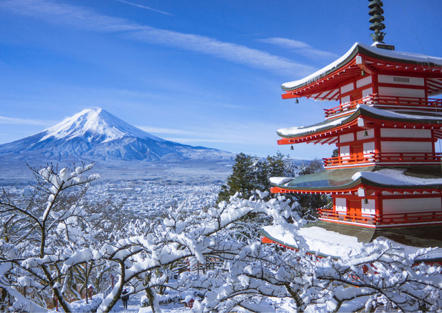 A Fuji-hegy és a Chureito pagoda télen