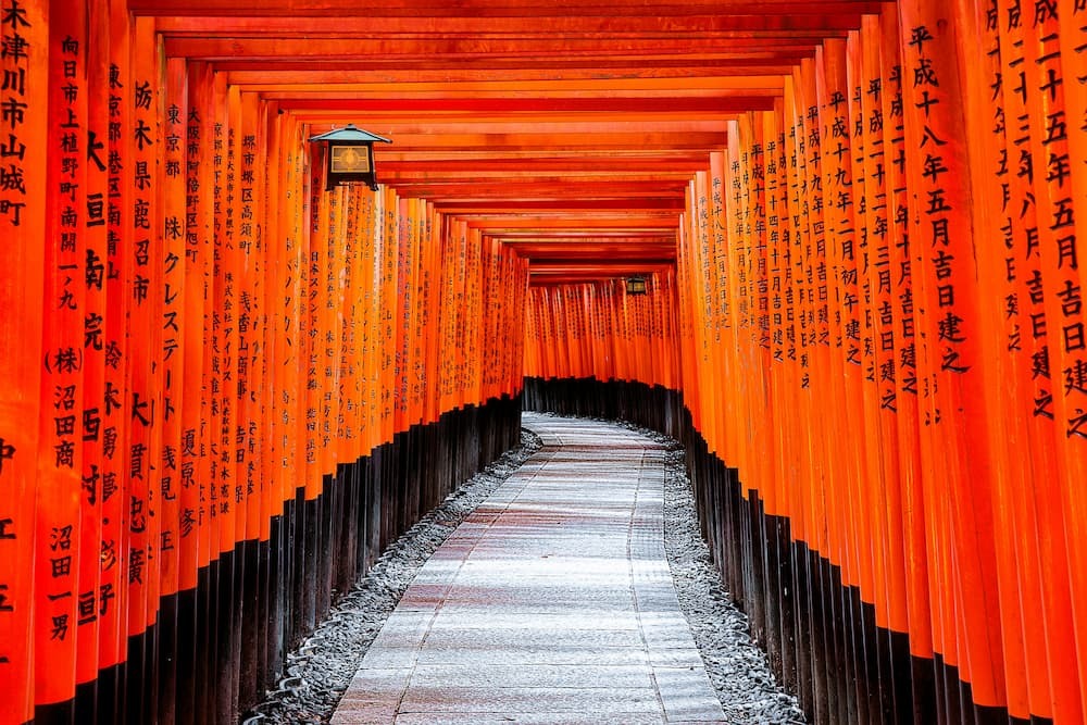 Fushimi Inari szentély Kiotóban, Japánban, több ezer narancssárga torii kapuval