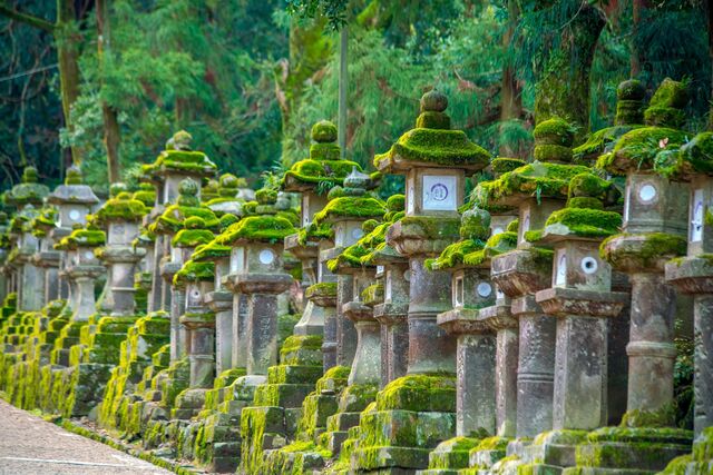A Kasuga szentély kőlámpásai, Nara, Japán 