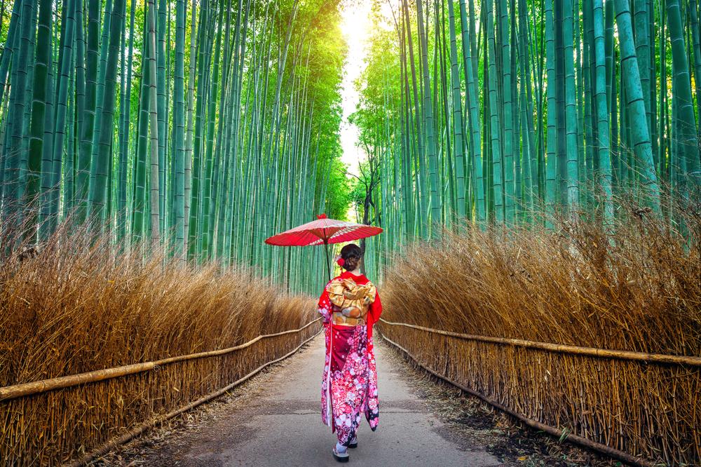 Kimonós hölgy az Arashiyama bambuszligetben, Kiotó